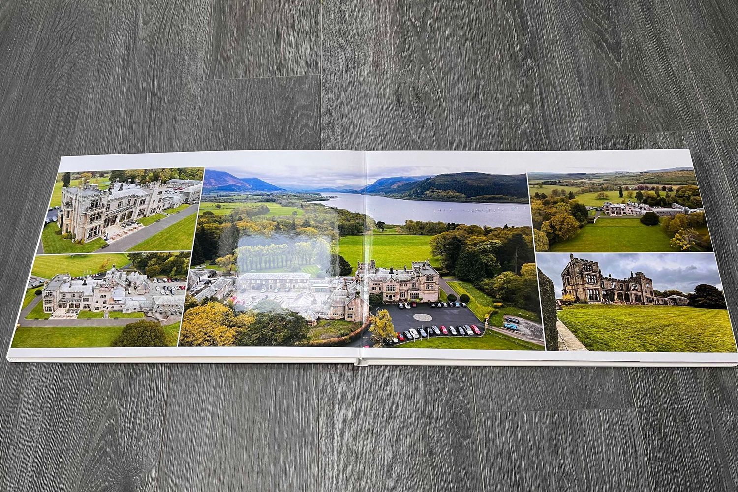 An open book with pictures of a castle.