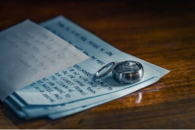 Wedding rings on handwritten notes.