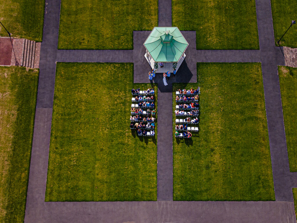 Aerial view of outdoor event at Carden Park wedding.