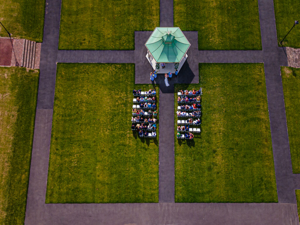 Drone photo of outdoor wedding at Carden Park Chester