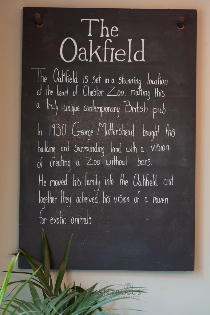Chalkboard describing The Oakfield Pub at Chester Zoo.