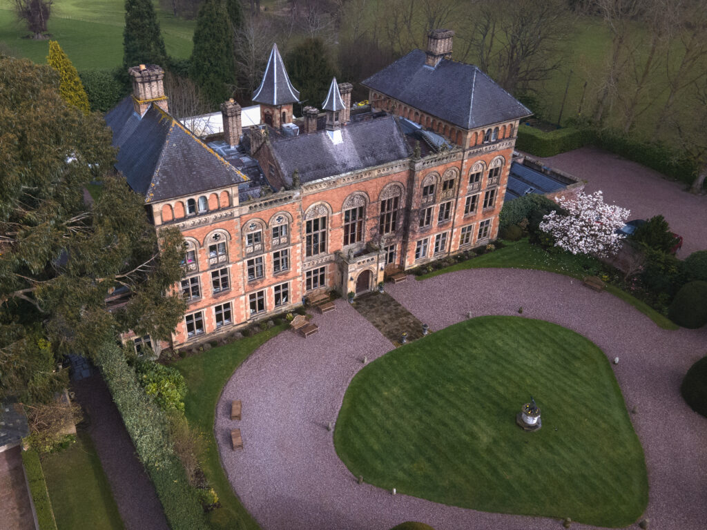 Aerial view of historic Soughton Hall