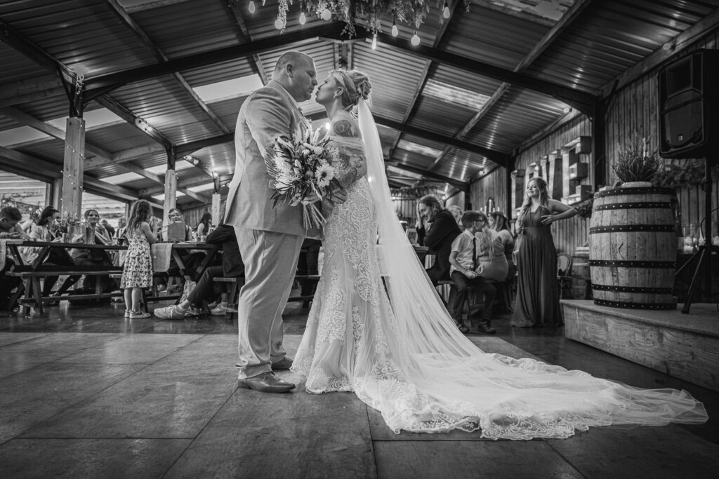 Bride and groom share a romantic first dance