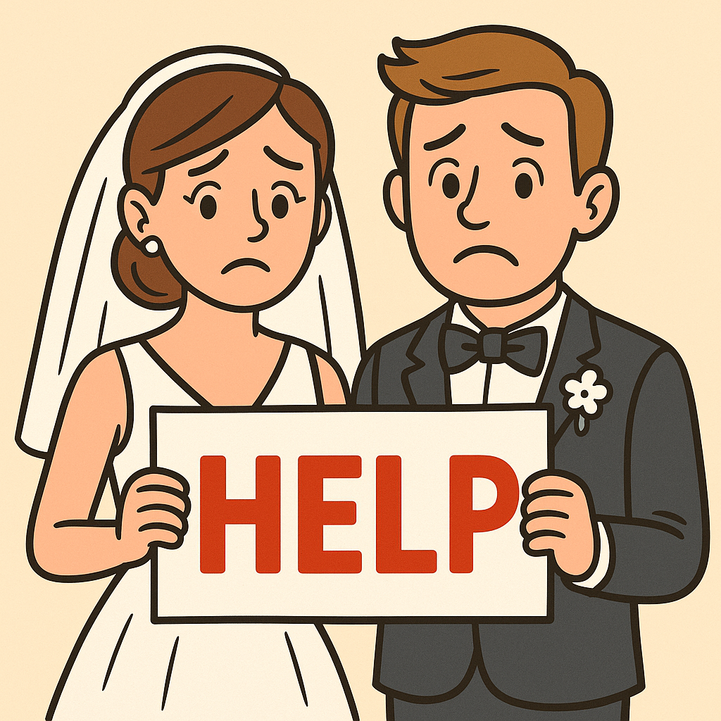 A bride and groom in wedding attire hold a large "HELP" sign, both looking worried—as if overwhelmed by endless questions on how to organise their wedding.