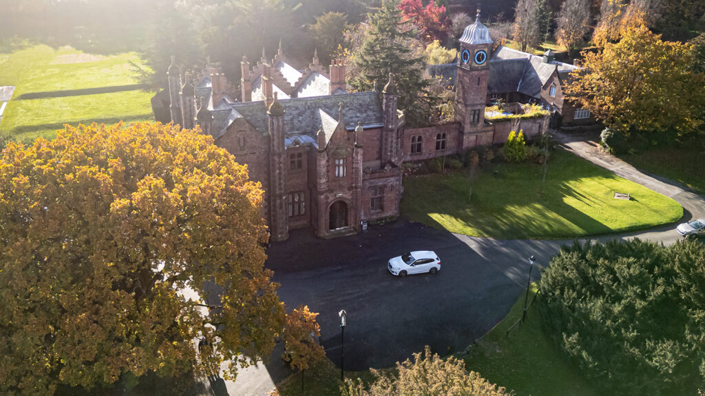 Drone photograph of Walton Hall with the surrounding gardens.