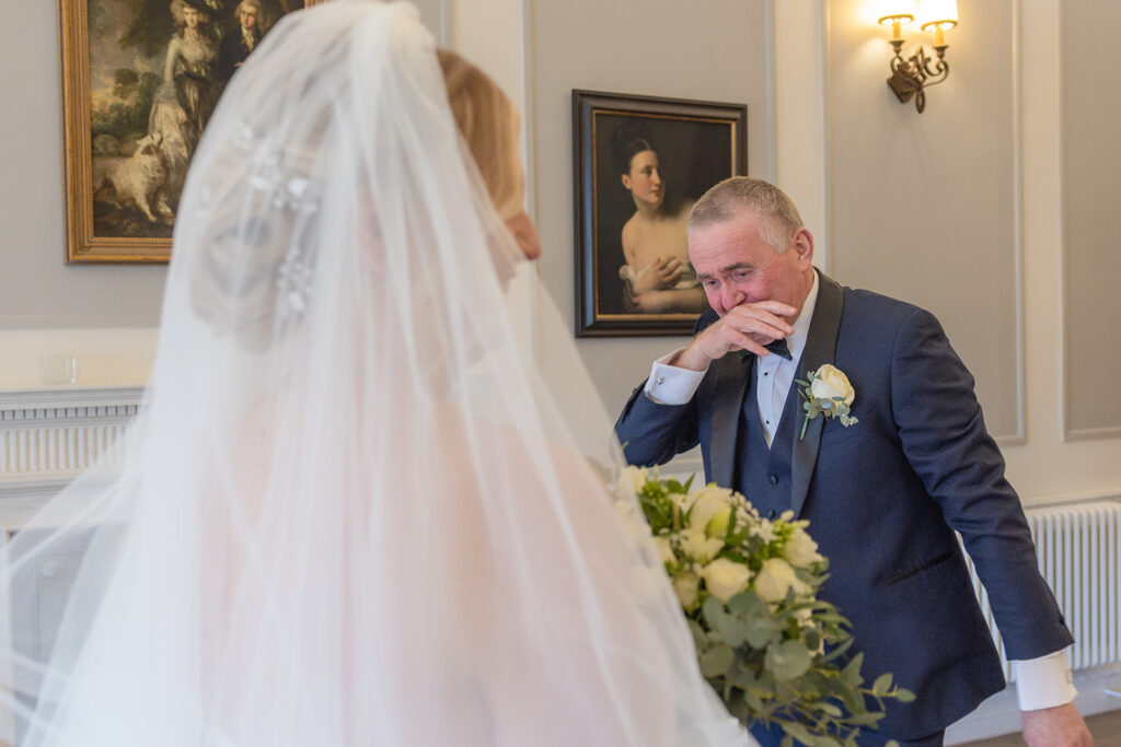 Emotional moment between bride and father on wedding at Cheshire wedding venue