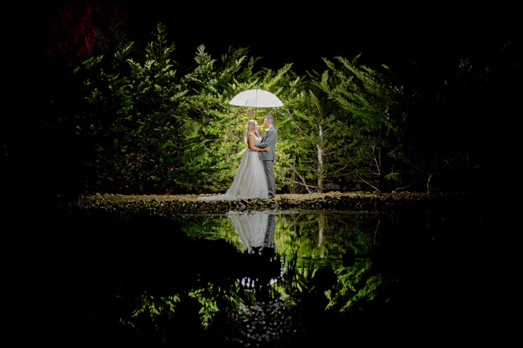 A bride and groom stand under a white umbrella at night, surrounded by greenery, with their reflection visible in a pond below. Wedding photography by Philip Antrobus