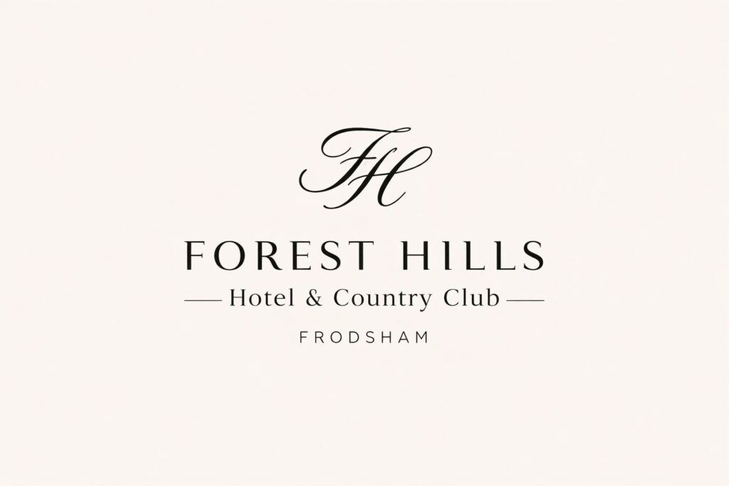 Logo for Forest Hills Hotel & Country Club, Frodsham, featuring elegant script initials "FH" above the name in capital letters on a light background.