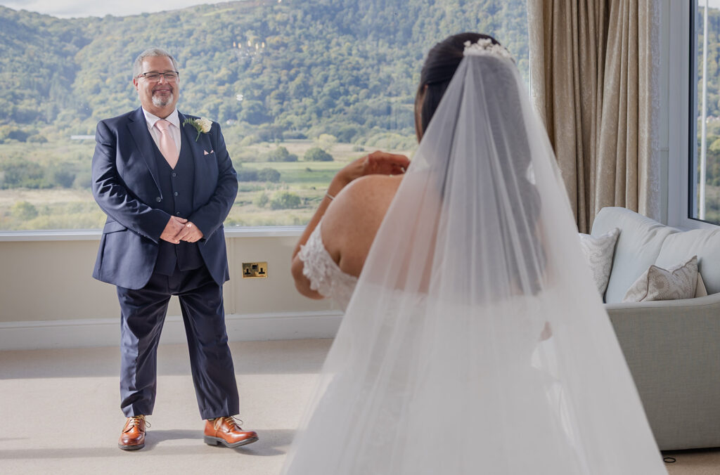 A man in a suit smiles whilst standing in a bright room as a bride in a white dress and veil faces him, with a scenic landscape visible through the window behind them.